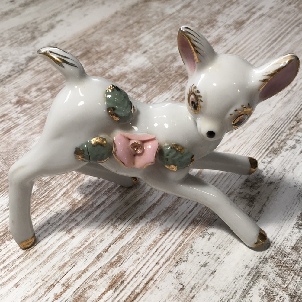 Vintage Mid Century Japan Porcelain Deer Fawn Figurine Pink Applied Rose